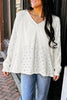 White Twisted Rib Patchwork Embroidered Loose V Neck Long Sleeve Top