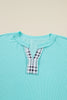 Aruba Blue Twist Ribbed Color Block Plaid Patchwork Plus Size Long Sleeve Top