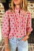 Sky Blue Polka Dot Print Ruffle Stand Neck 3/4 Sleeve Shift Shirt