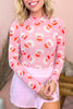 Pink Abstract Santa Print Stand Neck Sheath Long Sleeve Top