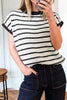 Black Stripe Bow Applique Short Sleeve Sweater