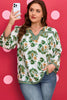 Green Plus Size Floral Printed Contrast Patchwork Detail Tassel Tie 3/4 Sleeve Blouse