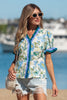 Beige Floral Print Contrasted Frilled Striped Trim Short Sleeve Blouse