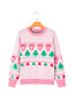 Pink Festive Holiday Print Round Neck Loose Tunic Sweater