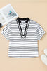White Stripe Stand Collar V Neck Elastic Cuffs Half Sleeve Dolman Top