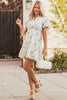 Beige Floral Print Shirred High Waist Puff Sleeve Mini Dress