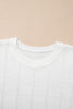 White Pointelle Knit Short Puff Sleeve Crewneck Sweater