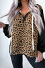 Brown Leopard Patchwork Contrast Stitching Knotted Cuff Quarter Zip Hoodie