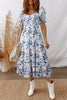 Sky Blue Smocked Bodice Short Puff Sleeve Tiered Floral Midi Dress