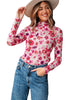 Red Floral Print Long Sleeve Slim Fit Mesh Top