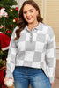 Gray Plus Size Checkered Pattern Button Polo Collar Split Sweater