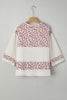 Red Floral Print Gauze Patchwork Henley Button 3/4 Sleeve Blouse