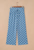 Sky Blue Checkered Elastic High Waist Loose Casual Pants