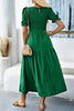 Dark Green Solid Textured Smocked Puff Short Sleeve High Waist Long Dress