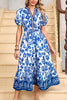 Blue Floral Puff Short Sleeve V Neck High Waist Maxi Dress