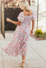 Pink Floral Puff Sleeve Square Neck Empire Waist Tiered Maxi Dress