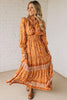 Orange Floral Print Smocked Waist Long Sleeve Boho Maxi Dress