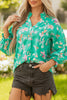 Green Floral Lantern Sleeve Button Front Shirt