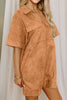Thai Curry Collared V Neck Faux Suede Short Sleeve Shift Mini Dress