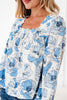 Sky Blue Floral Print Frilly Smocked Square Neck Long Sleeve Blouse