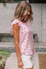 Pink Floral Ruffled Short Sleeve Bow Back Square Neck Blouse