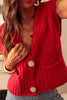 Fiery Red Solid Textured Knit Side Pockets Buttoned Sweater Vest