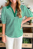 Green Stripe Collared V Neck Short Puff Sleeve Top