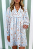Brown Floral Print Tie Neck 3/4 Sleeve Mini Dress