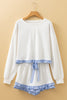 Yellow Cream Plaid Ruffled Patchwork Drop Shoulder Pullover and Drawstring Elastic Waist Shorts Matching Set