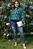 Green Plus Size Floral Print Contrast Lacy Trim Pleated Loose Shirt