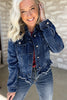 Navy Blue Ruffle Raw Hem Flap Pockets Denim Jacket