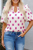 Rose Polka Dot Print Shirred Yoke Notched Neck Balloon Sleeve Blouse