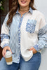 Sky Blue Leopard Striped Patchwork Casual Plus Shirt