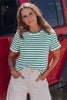Green Stripe Scalloped Trim Round Neck T Shirt