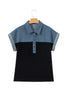 Black Color Block Denim Patchwork Button Polo Collar Short Sleeve Top