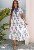 Blue Floral Puff Short Sleeve V Neck High Waist Maxi Dress