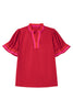 Fiery Red Striped Frilled Collar Ruffled Short Sleeve Blouse