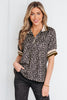 Khaki Leopard Print Half Zip Striped Trim Patchwork Short Sleeve Top