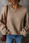 Evergreen Pearled Drop Shoulder Round Neck Sweater