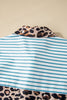 Sky Blue Stripe Contrast Leopard Patchwork Long Shirt Dress with Slits