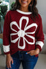 Red Dahlia Cheerful Daisy Flower Patched Round Neck Long Sleeve Top
