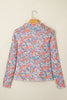 Blue Slim Fit Floral Mesh Long Sleeve Mock Neck Top