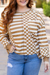 Khaki Striped Checkered Mixed Print Chest Pocket Casual Plus Size Top