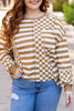 Khaki Striped Checkered Mixed Print Chest Pocket Casual Plus Size Top