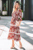 Brown Floral Print Belted Striped Trim Tiered Maxi Dress