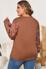 Brown Floral Sleeve Patchwork Round Neck Plus Blouse
