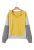 Yellow Stripe Color Block Drawstring V Neck Loose Fit Hooded Top