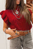 Tomato Red Cable Knit Turtleneck Ruffled Short Sleeve Sweater