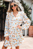 Yellow Floral Print Tie Neck Frilled Detail Long Sleeve Mini Dress