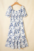 Sky Blue Smocked Bodice Short Puff Sleeve Tiered Floral Midi Dress